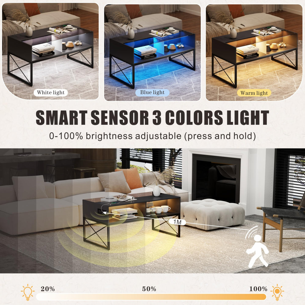 Glass Coffee Tables for Living Room, Grey Mid Century Modern Coffee Table with Storage, Smart Led Light Wood Coffee Table(Grey) HWB