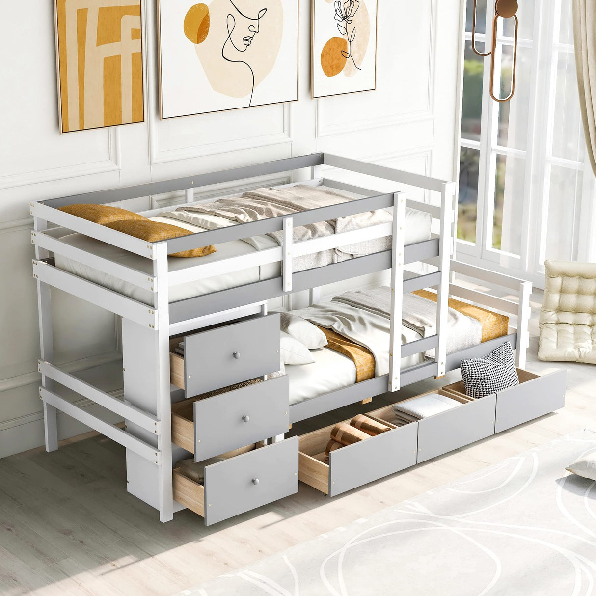 Bunk Bed Twin Over Twin with 6 Storage Drawers, Solid Wood Bunk Beds with Guardrails and Ladders for Kids Boys Girls Teens, No Box Spring Needed (Twin Over Twin Bunk Beds, Gray) Harper & Bright Designs