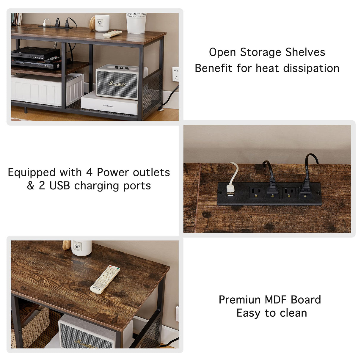 VECELO TV Stand with Power Outlets for Televisions up to 80 Inch,70" Media Entertainment Center with Charging Station 3-Tier Open Storage Shelves with Metal Frame for Living Room/Bedroom,Brown VECELO