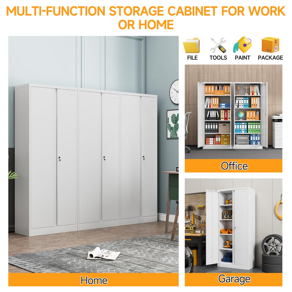 Kooyon Metal Storage Cabinet with Locking Doors and 4 Adjustable Shelves,71"" Tall Metal Garage Storage Cabinet,Metal Cabinet Storage for Office,Home,Garage,Gym,School (White/Required-Assembly) Kooyon