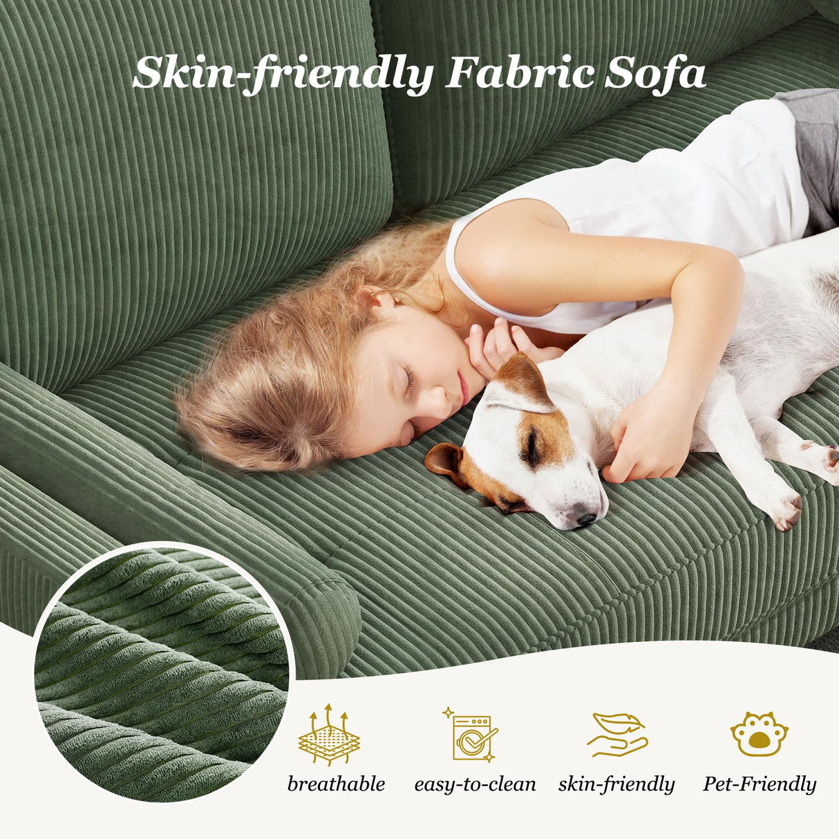 Loveseat Sofa with Solid Wood Legs,48" Small Corduroy Couches for Small Spaces, Mid Century Modern Love Seat for Living Room, Bedroom, Easy Assembly with Throw Pillow, Green Vesgantti