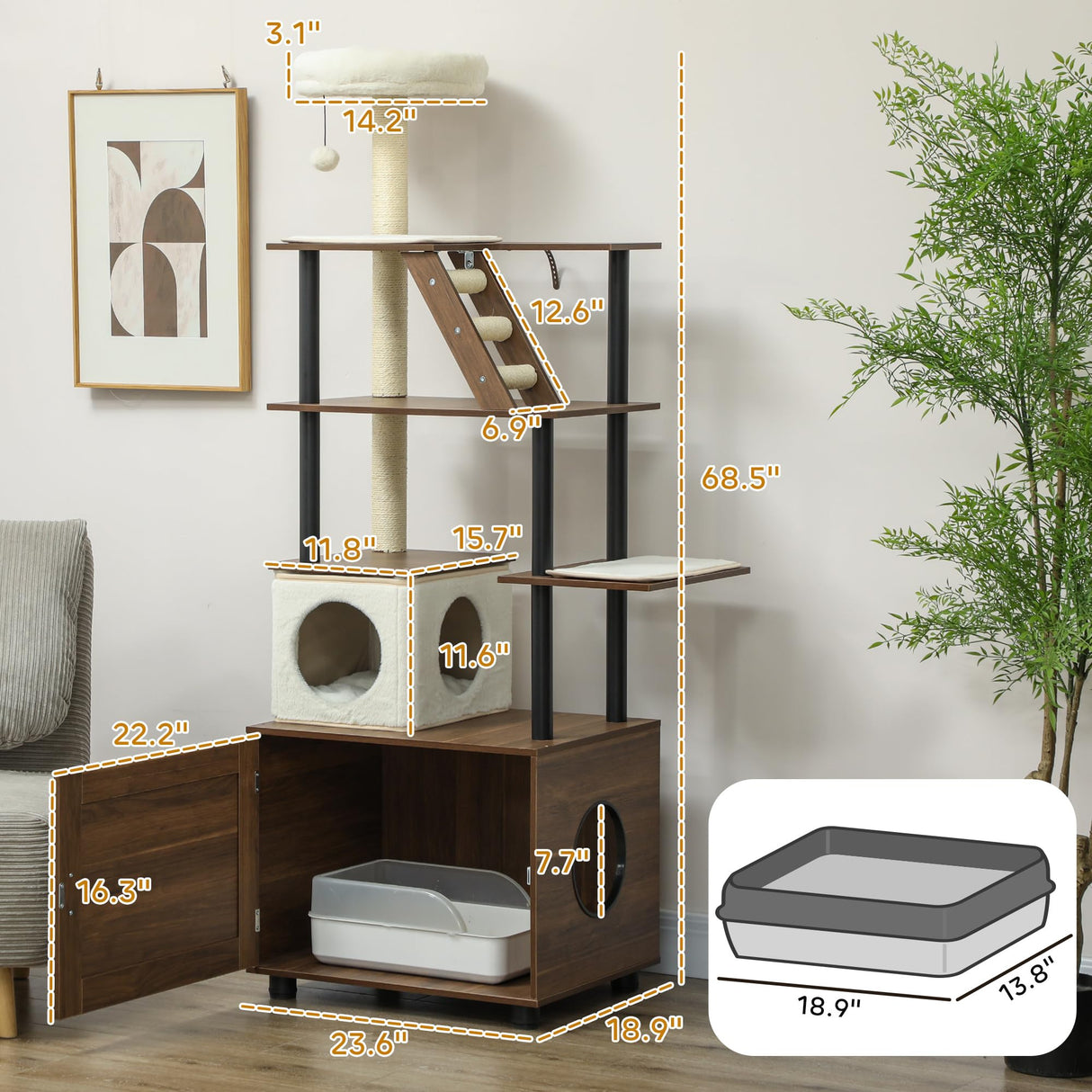 PawHut 68.5" Cat Tree with Litter Box Enclosure, 2 in 1 Cat Tower for Indoor Cats, Hidden Litter Box Furniture with Scratching Posts, Washable Cushions, Condo, Bed, Ladder, Dangling Ball Toy, Brown PawHut