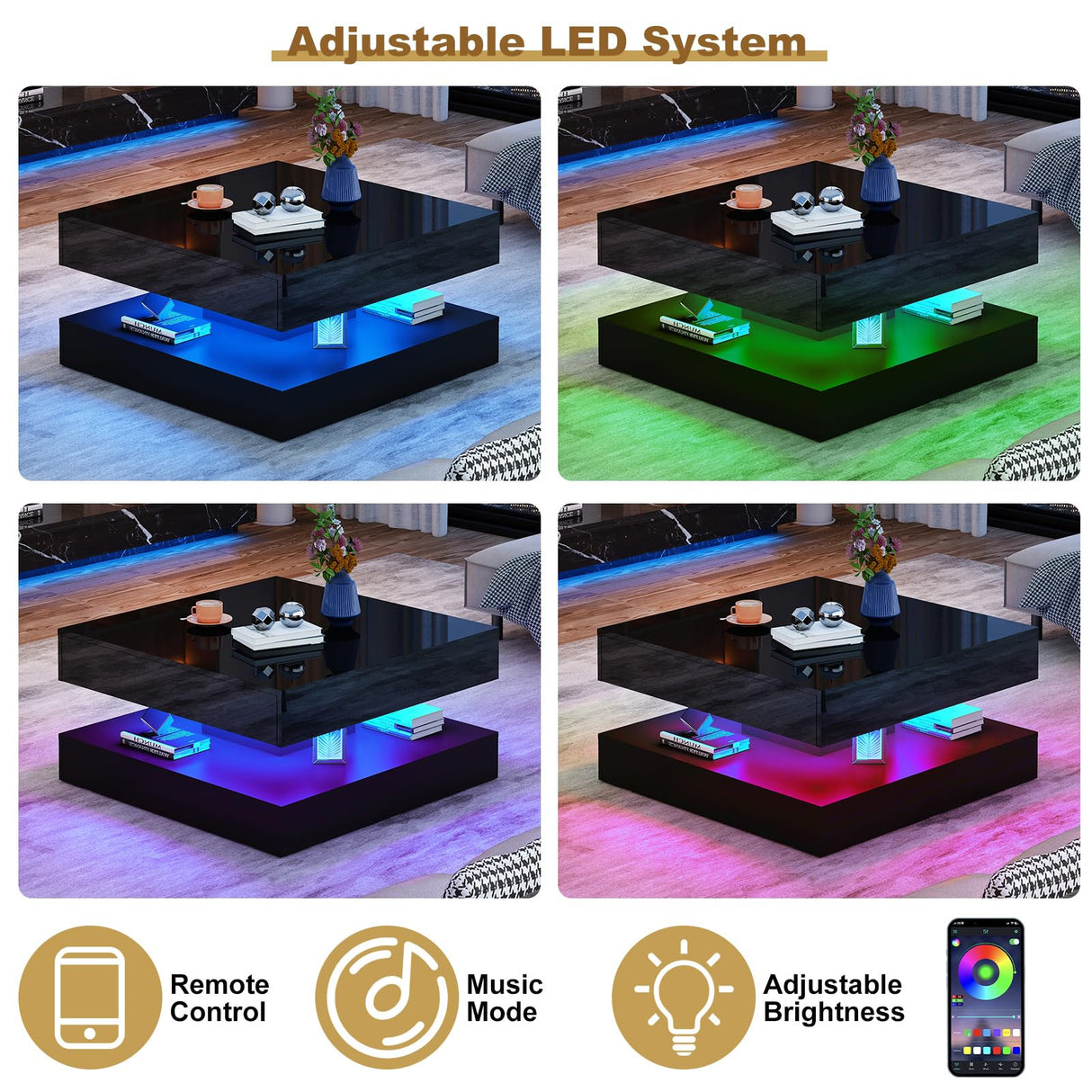 jiteentarou 33.9" LED Coffee Table with Storage, Modern High Glossy Living Room Table w/2 Drawers,Double-Layer Design Large Square Center Table for Living Room, Home, Office, Black jiteentarou