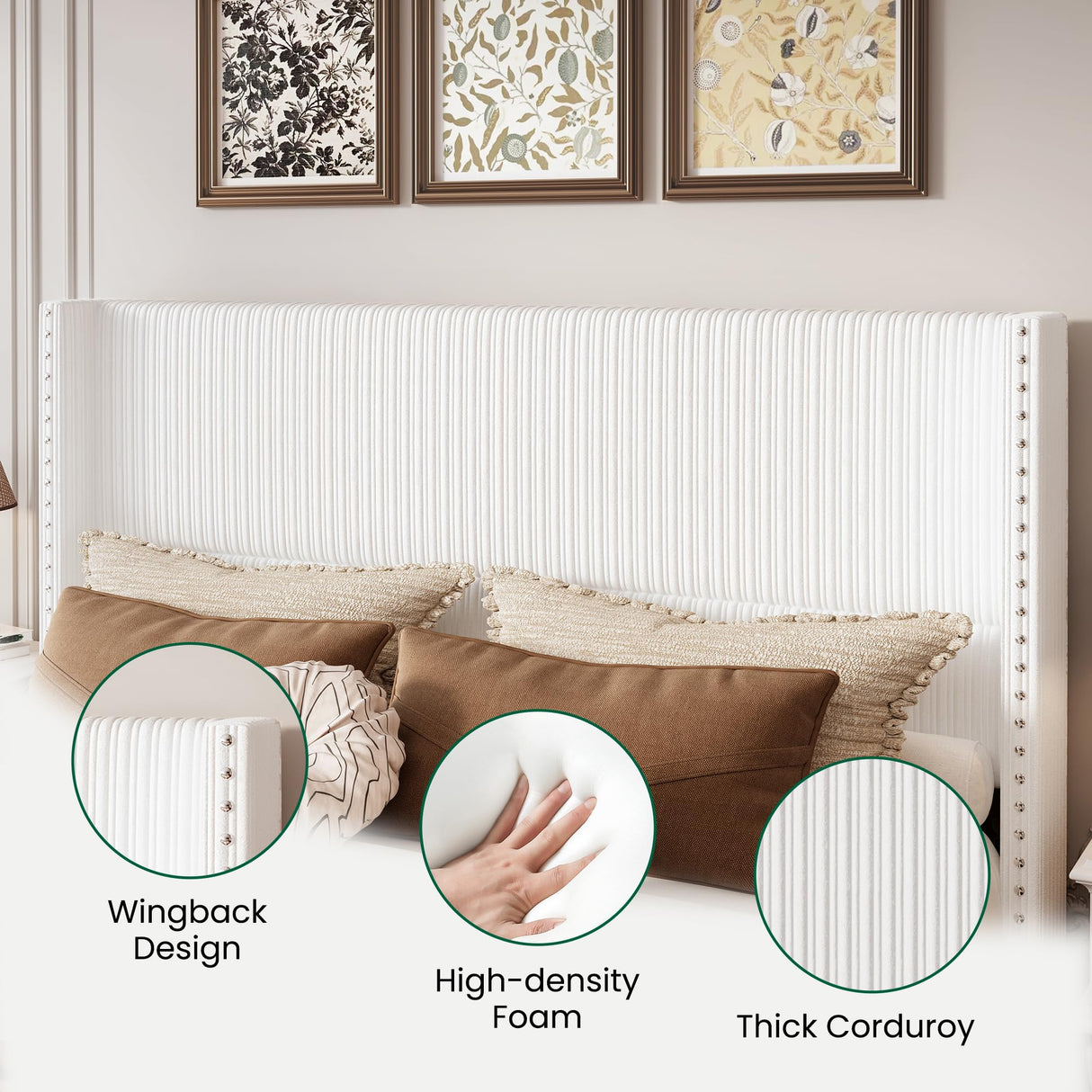 LARMACE King Size Bed Frame with 4 Storage Drawers Modern White Corduroy Upholstered Platform Bed Frame with Headboard Tufted Vertical Stripe &Wooden Slats Support, No Box Spring Need,Easy Assembly LARMACE