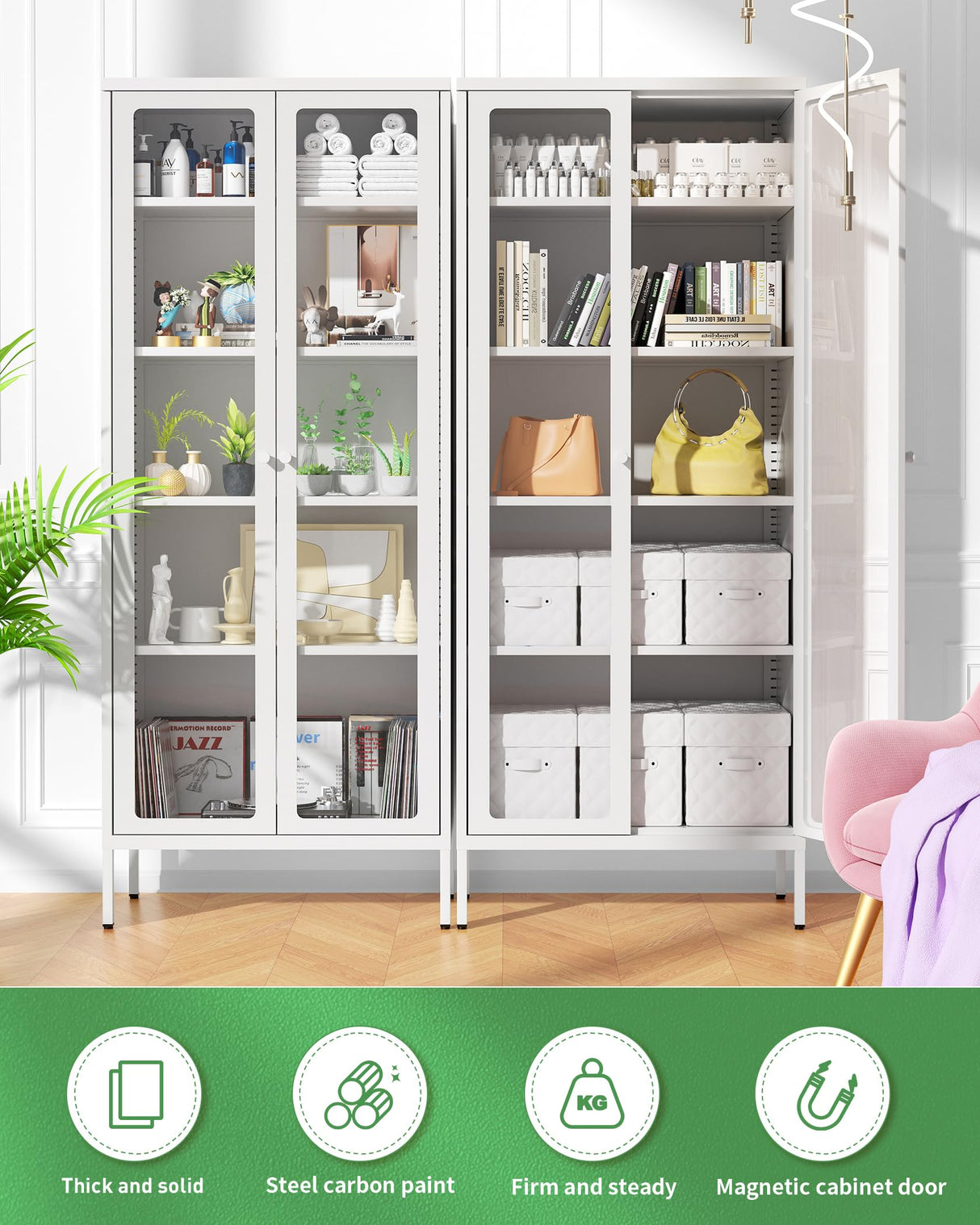 Bonusall Display Cabinet with Glass Doors,67” Metal Display Curio Cabinet with Glass Doors and 4 Adjustable Shelves for Collectibles,Home Office,Living Room,Gaming Room(White) Bonusall