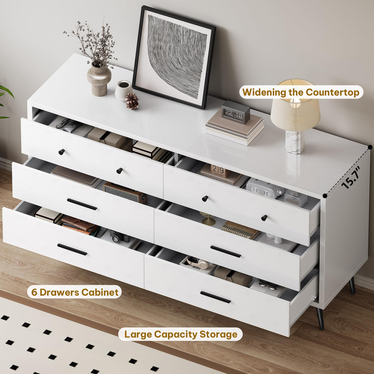 DWVO White 6 Drawers Dresser/Modern Wood Dresser Chest of Drawers with Black Metal Handle&Anti-Tipping Device/Modern Double Storage Cabinet for Entryway/Living Room-15.7" Dx55.1 Wx31.1 H DWVO