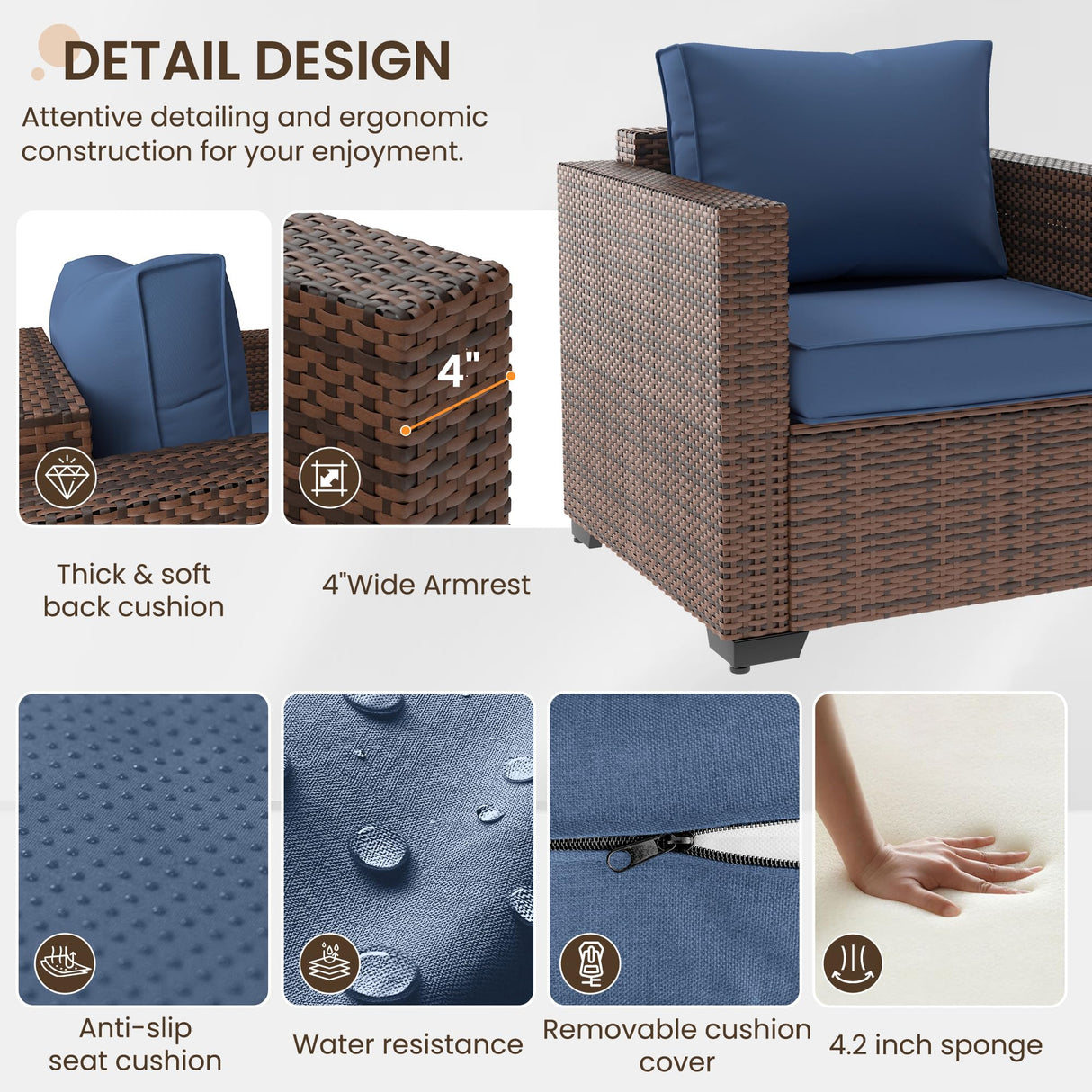 VONZOY Wide Armrest Outdoor Patio Furniture Set, 5 Piece Patio Sectional Sofa with Storage Table for Backyard, Porch, Balcony, Poolside(Navy Blue) VONZOY