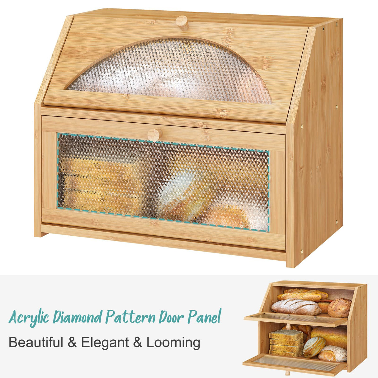 Vriccc Large Bread Box, Bamboo Wood Bread Box for Kitchen Counter, Double-layer Bread Storage Bin, Acrylic glass with Diamond Patterns Vriccc