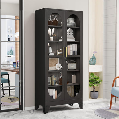 GAIOUS 74.8" Tall Metal Curio Cabinet, Display Cabinet with Glass Door, 6 Tier Liquor with 5 Adjustable Shelves, Locking Glass Display Case for Collectibles, Showcase Storage Cabinets, Black