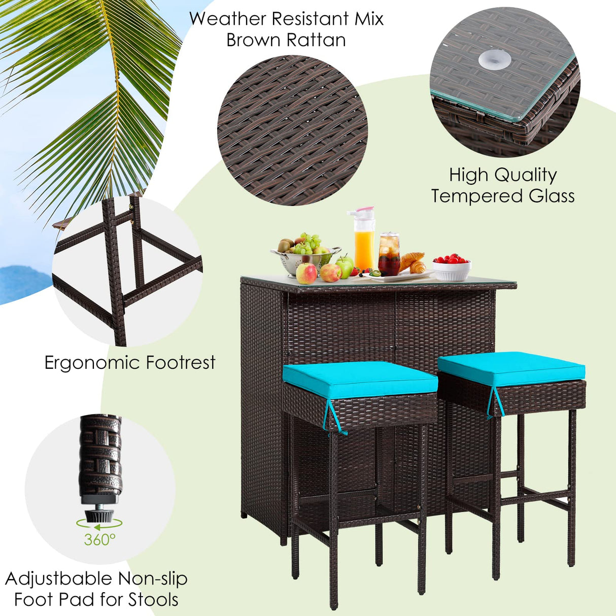 RELAX4FLIE 3-Piece Outdoor Bar Set, Patio Wicker Bar Table and Chairs Set w/Cushioned Stools 2 Open Shelves & Glass Table Top, Rattan Bar Table Set for Poolside, Garden and Backyard (Turquoise) RELAX4LIFE