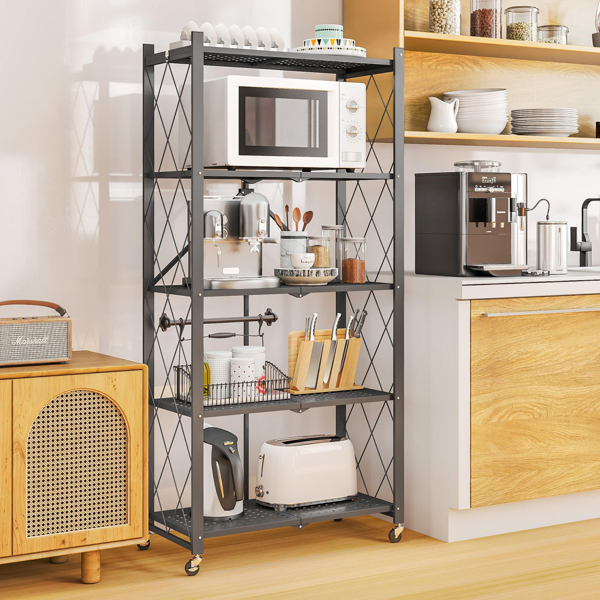 LUCKPRO 5-Tier Folding Metal Storage Rack - 63" Heavy-Duty Steel Frame with Wheels, No Assembly Utility Organizer, Rolling Shelving Unit for Kitchen, Garage, Pantry, Bedroom (Gray, 5 Tier) LUCKPRO