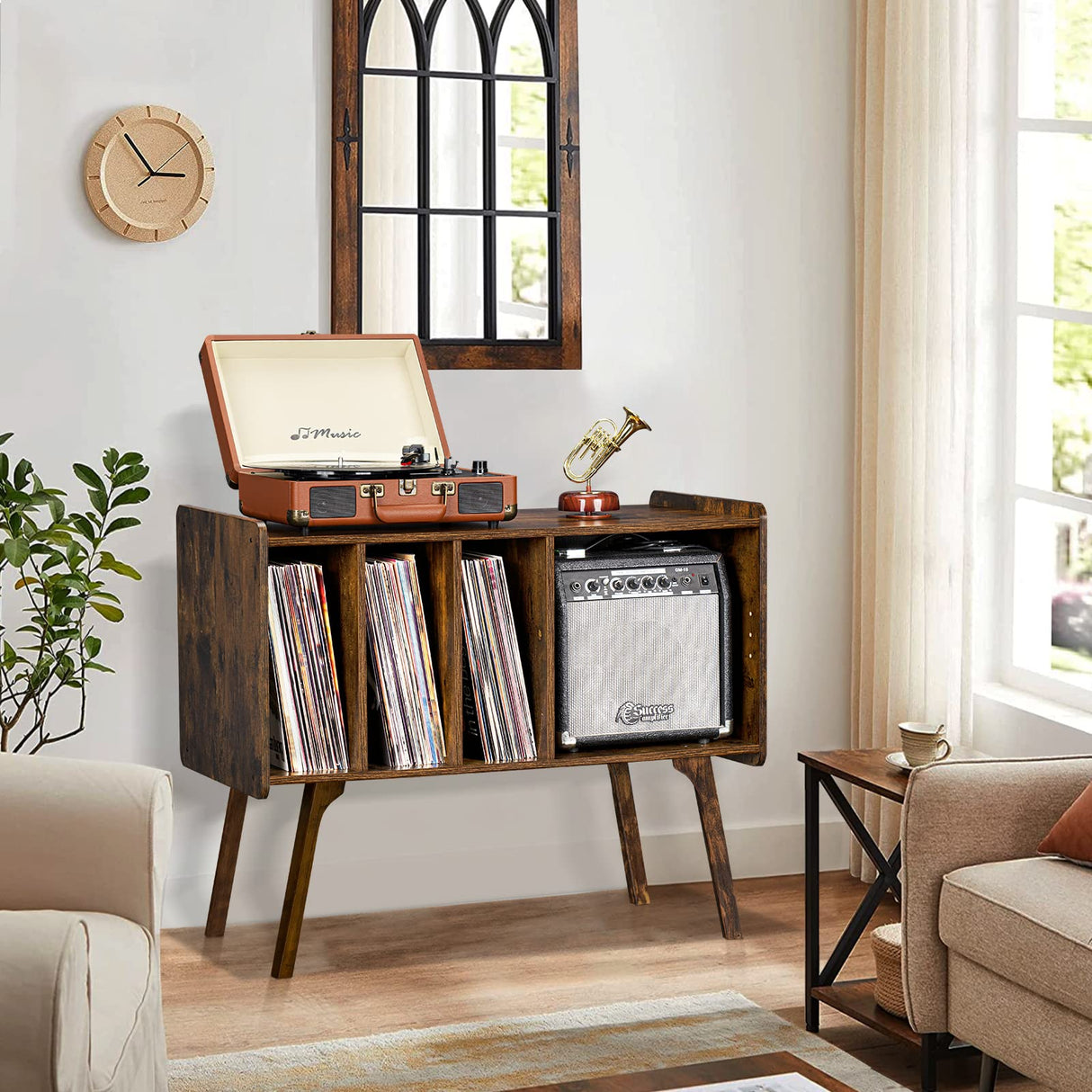 Lerliuo Record Player Stand with 4 Cabinet Holds Up to 220 Albums, Large Turntable Stand with Beech Wood Legs, Mid-Century Record Player Table,Brown Vinyl Holder Storage Shelf for Bedroom Living Room Lerliuo