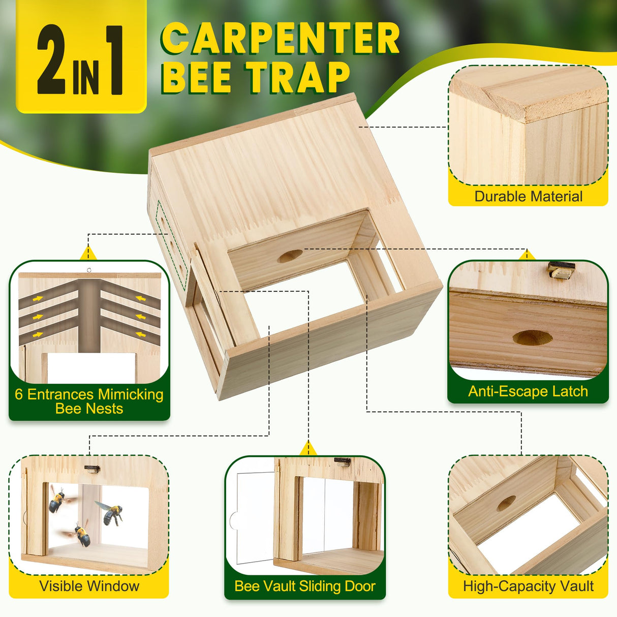 Qualirey 1 Pack Carpenter Bee Trap for Outside, 2 in 1 Catch & Release Wood Bee Traps Outdoor Hanging, Wood Boring High Capacity External Bees Vault, Defender Trap for Bees Catching Qualirey