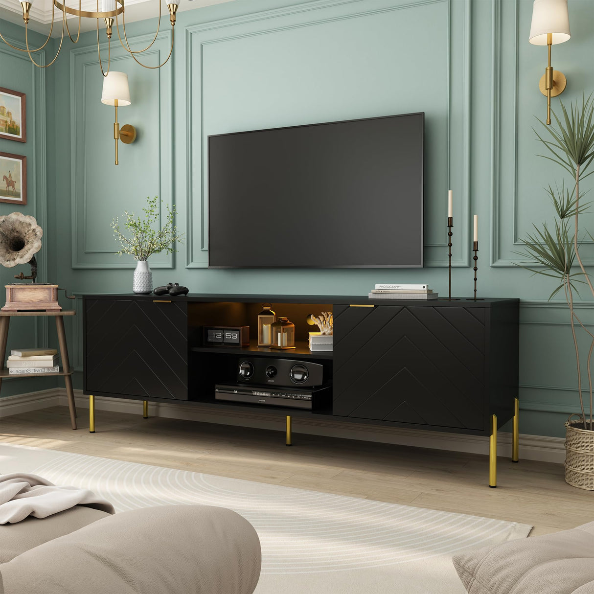 Clihome TV Stand for TVs Up to 70 inches,Modern Media Television Console Table with LED Lights, Entertainment Center with Storage Cabinets for Living Room,59Inch (Black) Clihome