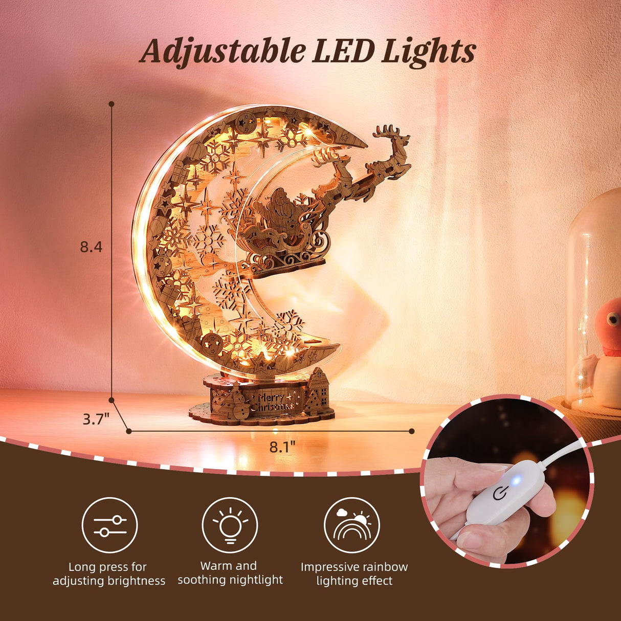 FUNPOLA LED 3D Wooden Puzzle Christmas Night Flight Moon Lamp, DIY Craft Kit Festive Nightlight for Holiday Décor, Unique for Adults and Kids,Brown FUNPOLA