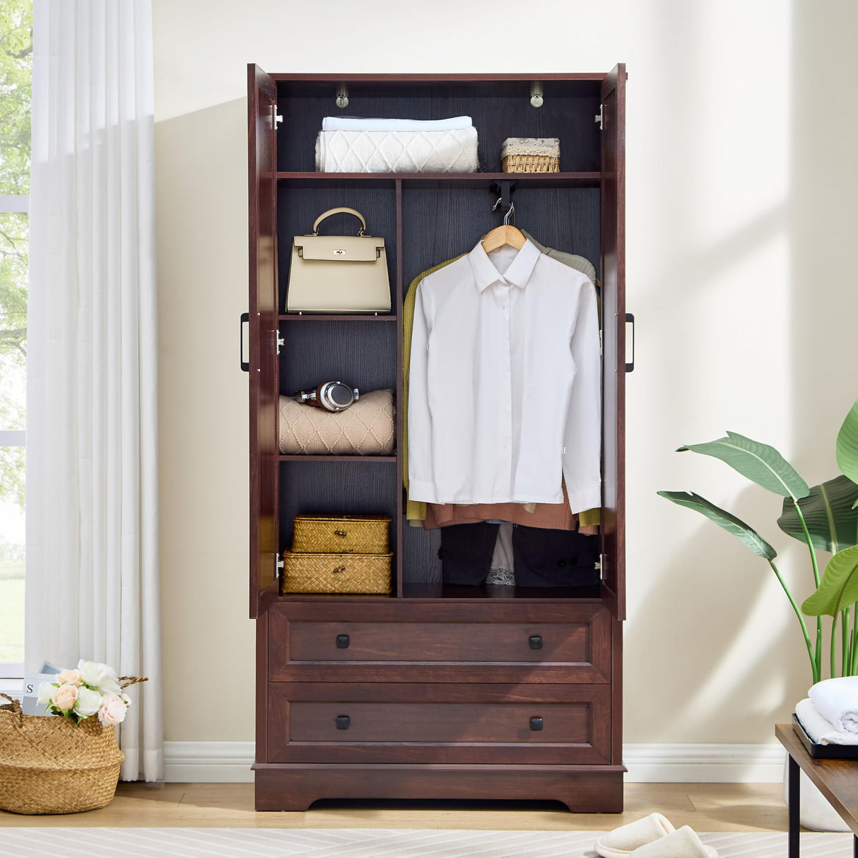 SOOWERY Dresser for Bedroom, Farmhouse Dresser with 2 Wooden Drawers and Storage Cabinets, 71 Inches Tall Chest of Drawers for Bedroom, Living Room, Hallway, Dark Cherry SOOWERY