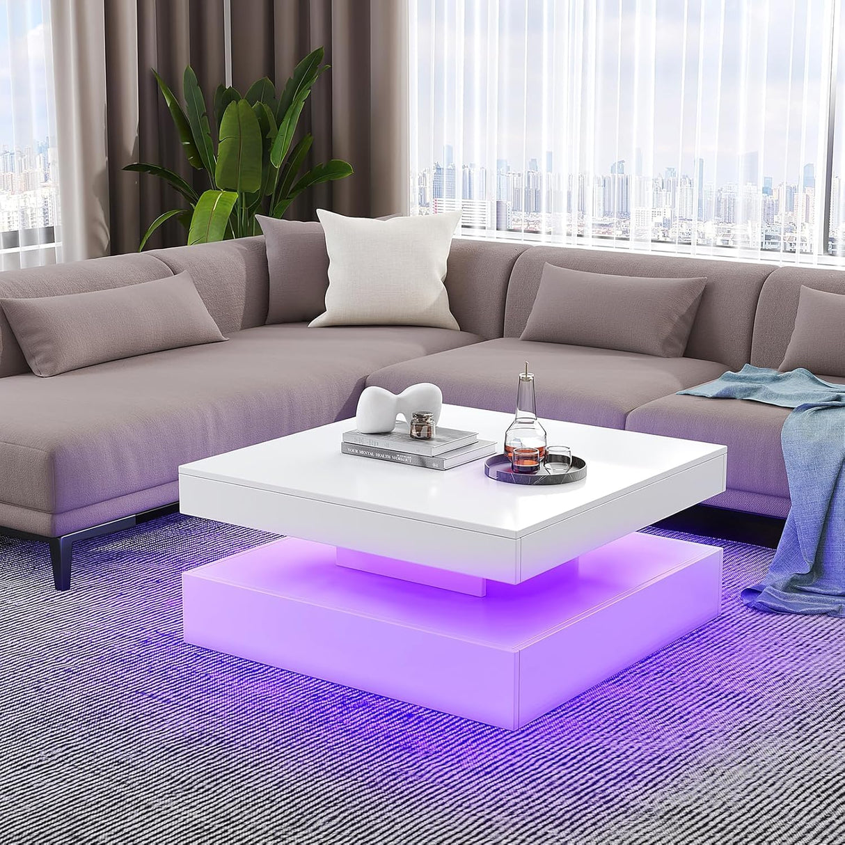 LED Coffee Table for Living Room with Storage - High Glossy Modern White Center Table with 2 Drawers, Square Wooden Middle Table with 16-Color Lights 31" x 31" x 14.6" (White) FKWin
