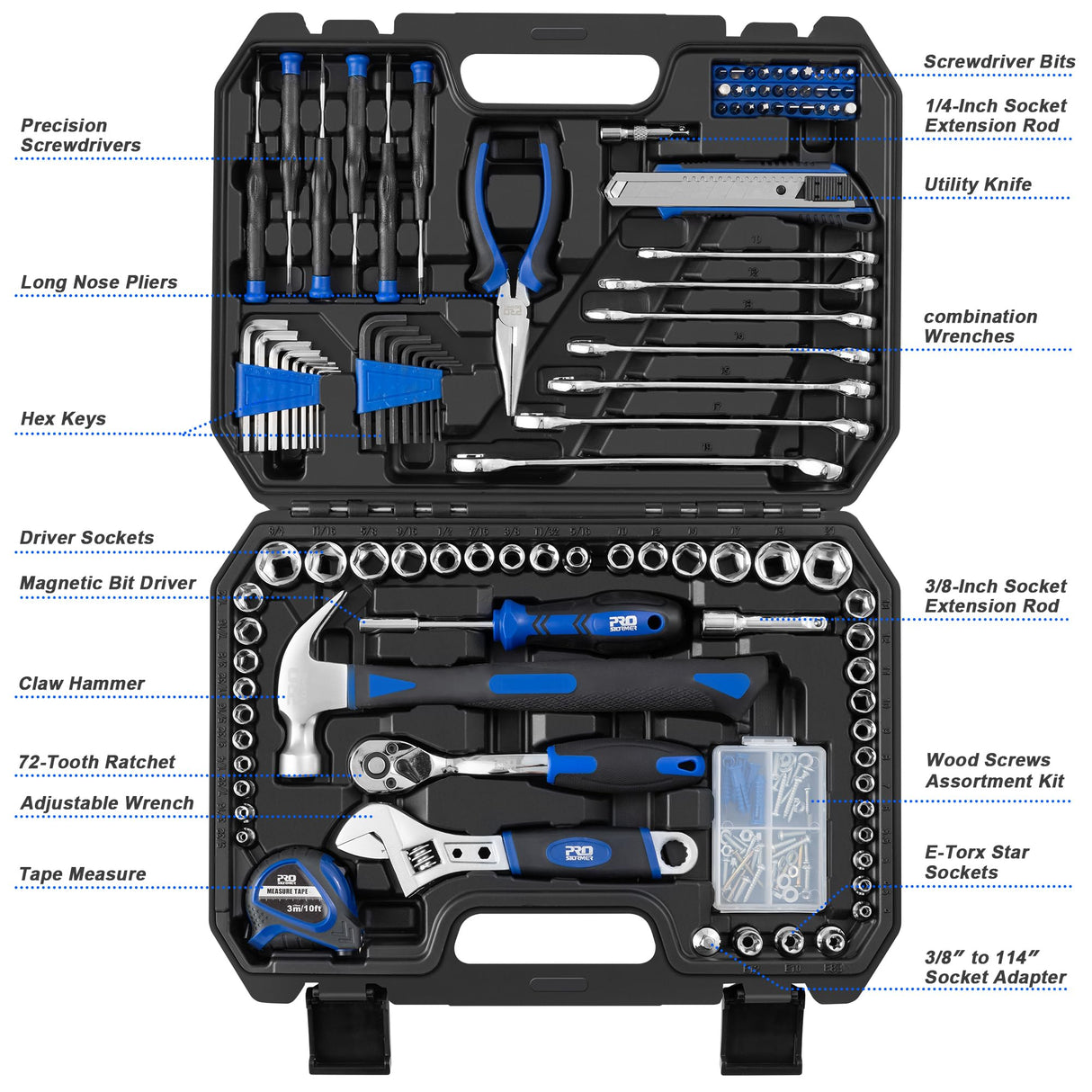 Prostormer 200-Piece Hand Tool Set, General Home and Auto Repair Tool Kit with Toolbox Storage Case for Mechanical Repair, DIY, Home Maintenance Prostormer
