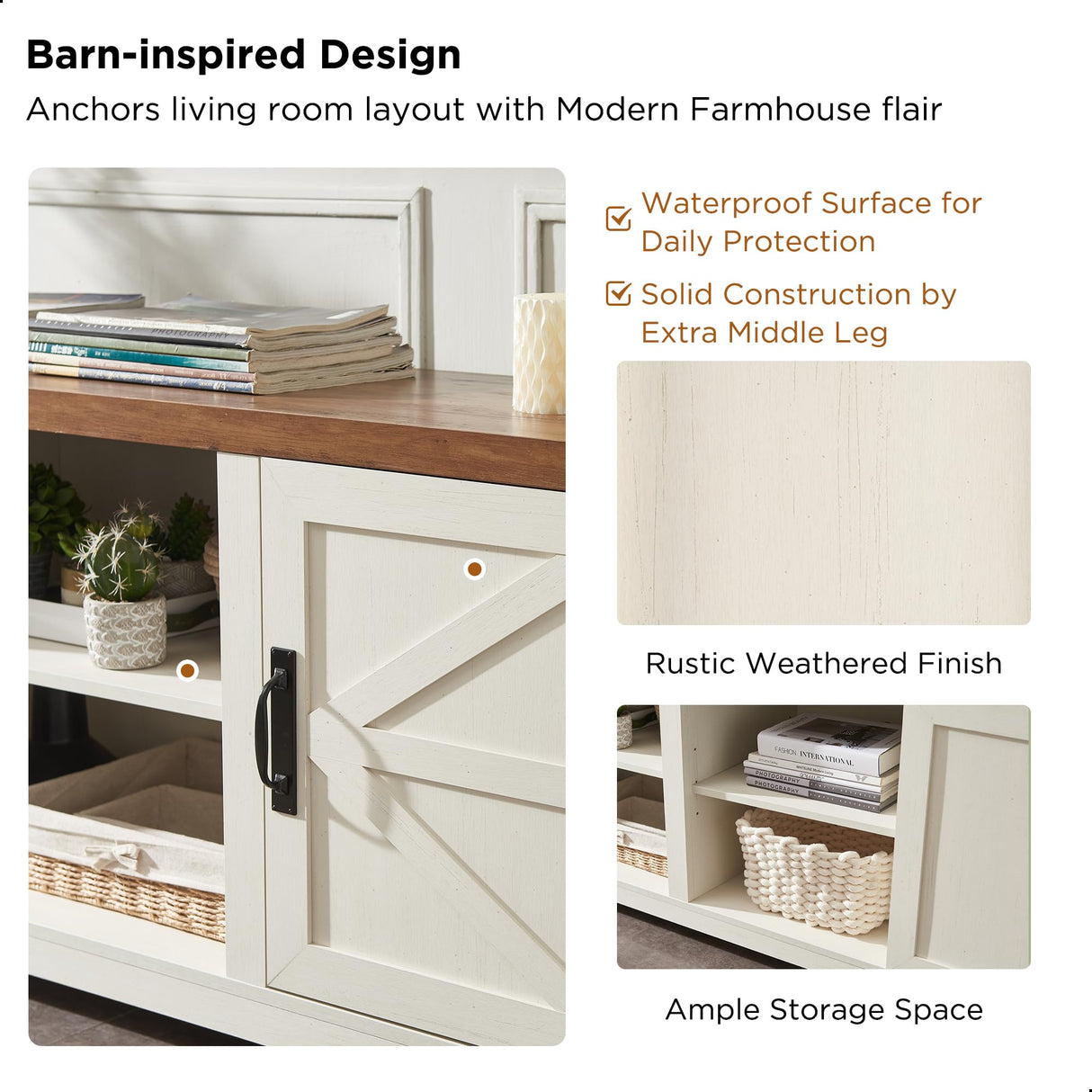 T4TREAM Farmhouse TV Stand for TVs Up to 75 inches, Wood Barn Door Media Television Console Table with Storage Cabinets, Easy Assembly Modern Entertainment Center for Living Room, Antique White T4TREAM
