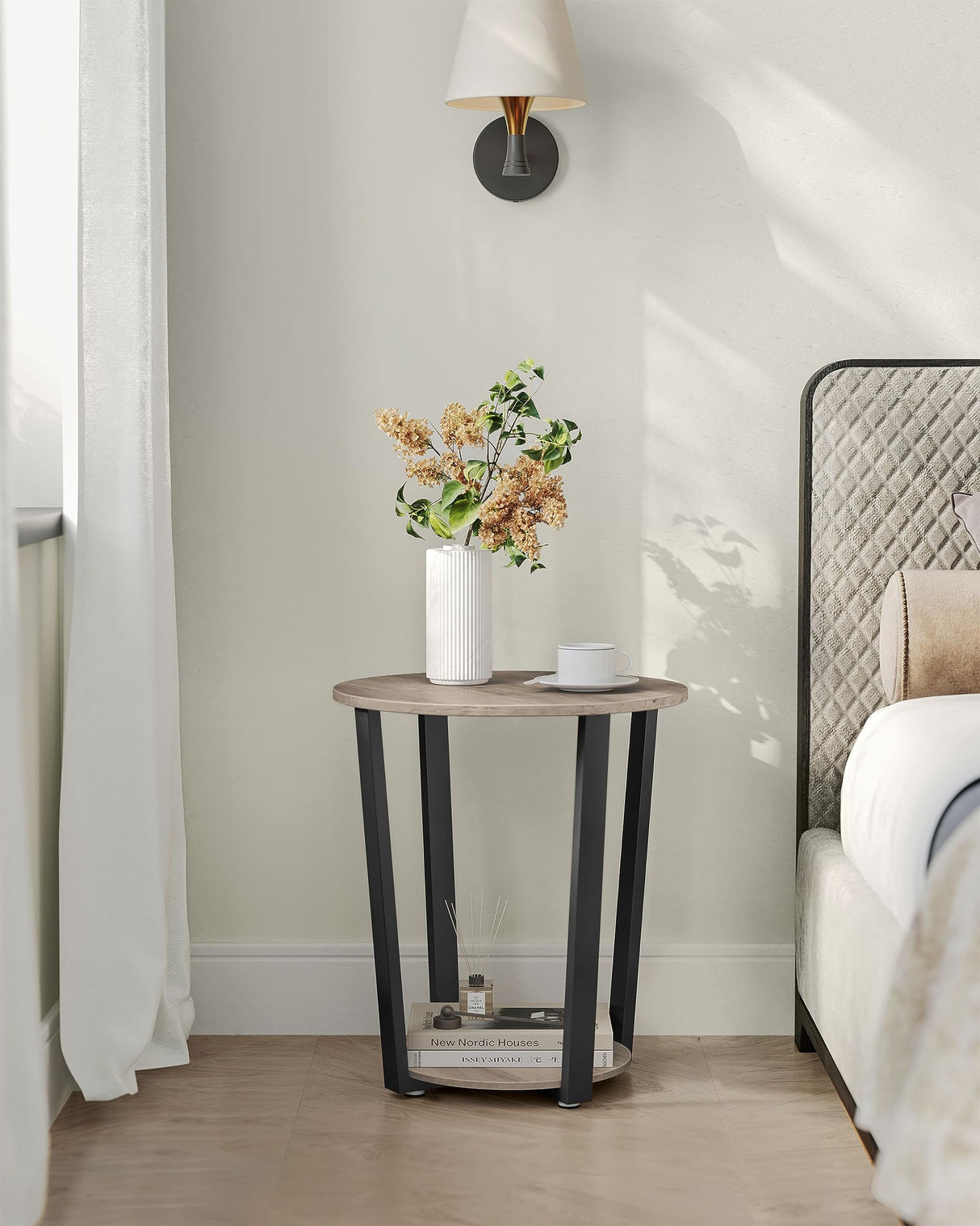 VASAGLE End Table, Round Side Table with Storage Shelf, Easy Assembly, Industrial Accent Furniture with Steel Frame, Heather Greige and Black ULET057B02 VASAGLE