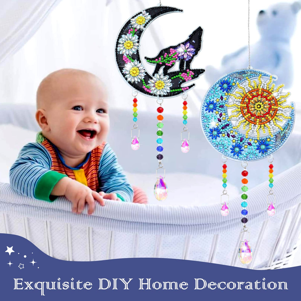 ZYNERY 2 PCS Diamond Painting Wind Chime, Suncatcher Kit Diamond Art for Adults Kids, Painting Kits Hanging Pendant for Home Garden Outdoor Decor (Moon Wolf, Moon Sun) ZYNERY