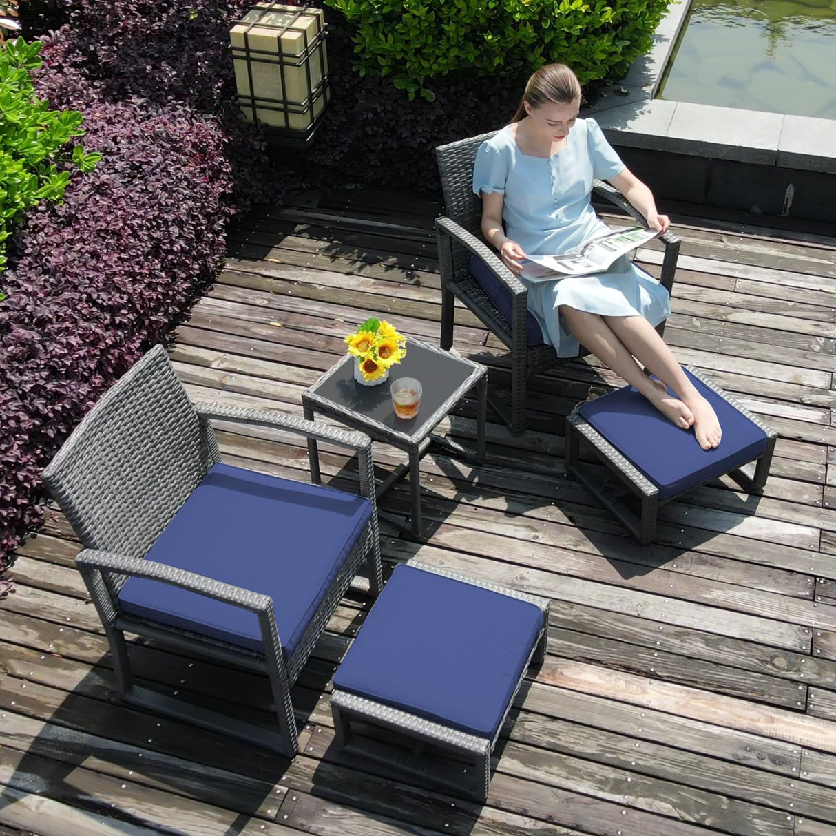 Patiorama 5 Piece Outdoor Patio Wicker Furniture Set, All Weather Grey PE Rattan Chair and Ottoman Footstool Set, W/Coffee Table, Cushions (Navy Blue) for Garden, Balcony, Porch, Space Saving Design Patiorama