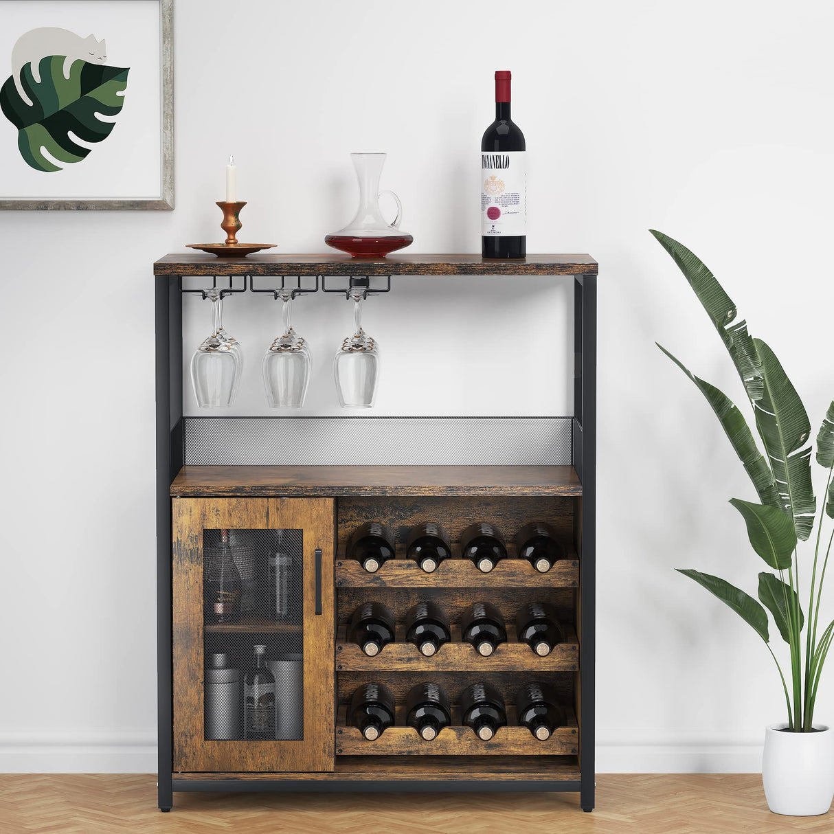 Amyove Wine Bar Rack Cabinet with Detachable Wine Rack, Bar Cabinet with Glass Holder, Small Sideboard and Buffet Cabinet with Mesh Door, Rustic Brown Amyove
