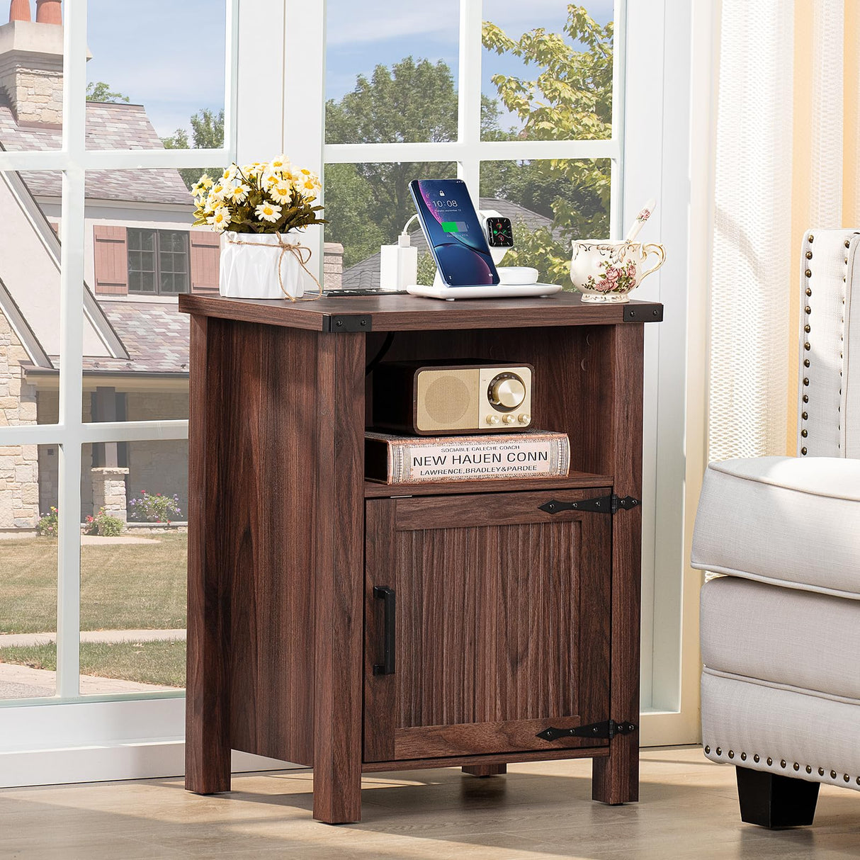 Joaxswe Night Stand Set of 2, 18 Inch Farmhouse Nightstand with with Charging Station and USB Port, Rustic Wood Bedside Table with Magnetic Door, Bed Side Tables for Bedroom, Brown Walnut Joaxswe