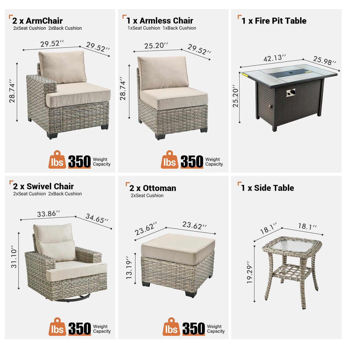 ovios 9 Piece Patio Sectional Furniture with 42" Fire Pit Table, Rattan Wicker Coversation Set with Swivel Chairs, Outdoor Sofa Set for Outside Porch Balcony Backyard Pool,Beige ovios