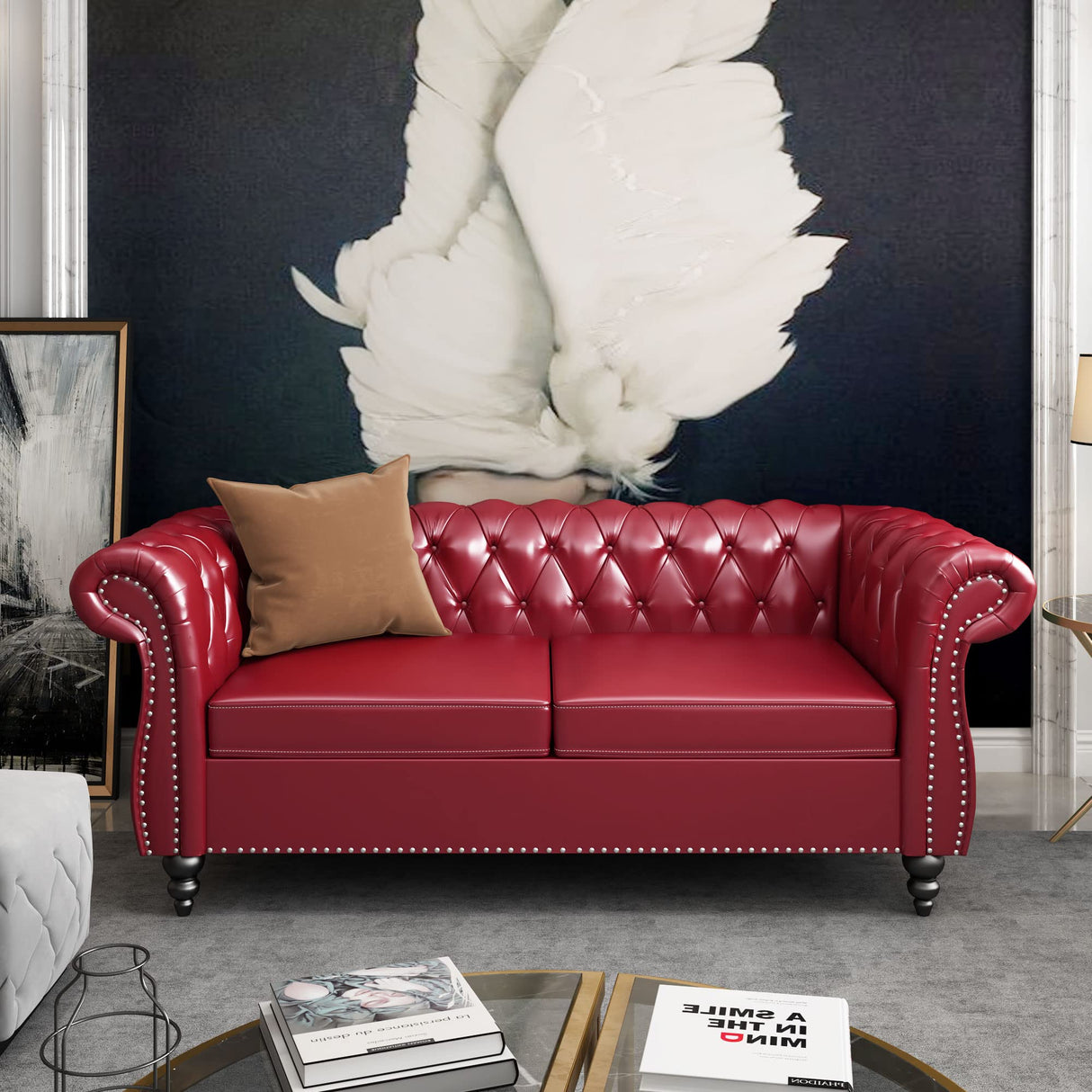 Chesterfield Loveseat, Modern Leather Sofa Tufted Couch 2 Seater with Rolled Arms and Nailhead for Living Room, Bedroom, Office, Apartment (Burgundy) ORRD