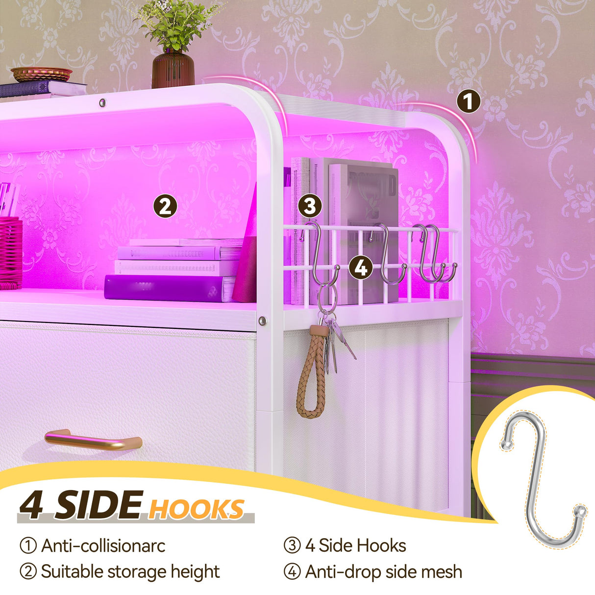 EnHomee White Dresser for Bedroom with LED Lights & Charging Station, 7 Drawer Dresser with Open Shelf, Fabric Bedroom Dressers & Chest of Drawers for Closet, Entryway, Hallway, 4 Hooks EnHomee