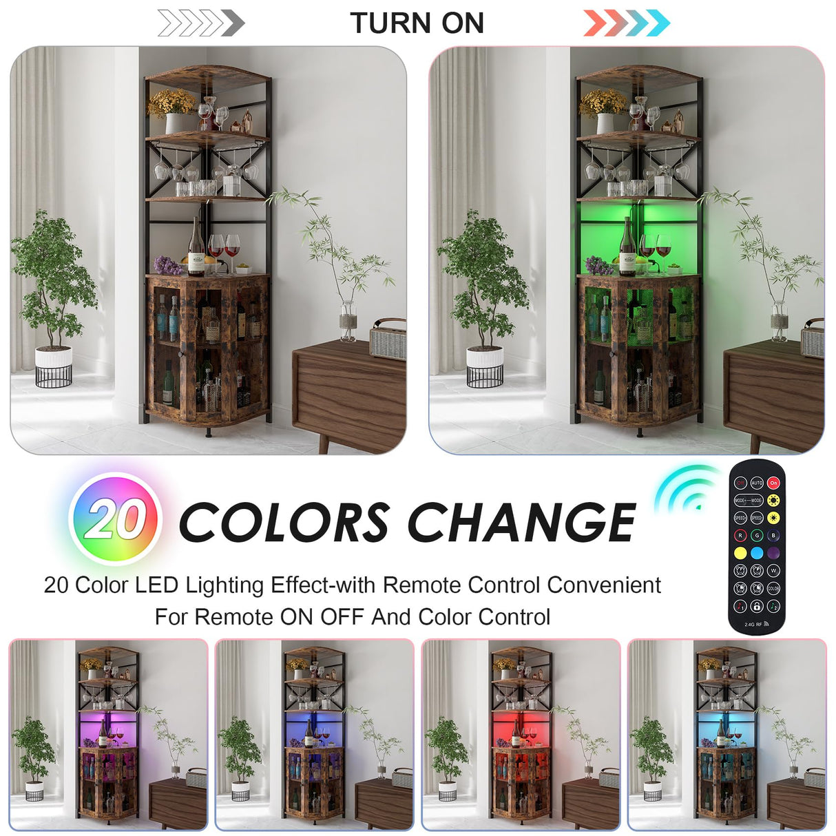 Aufvolr Wine Bar Cabinet with Power Outlet, 6-Tiers Industrial Wine Cabinet with LED Light and Glass Holder, Corner Wine Cabinet with Adjustable Shelf, Liquor Cabinet Bar for Christmas Aufvolr