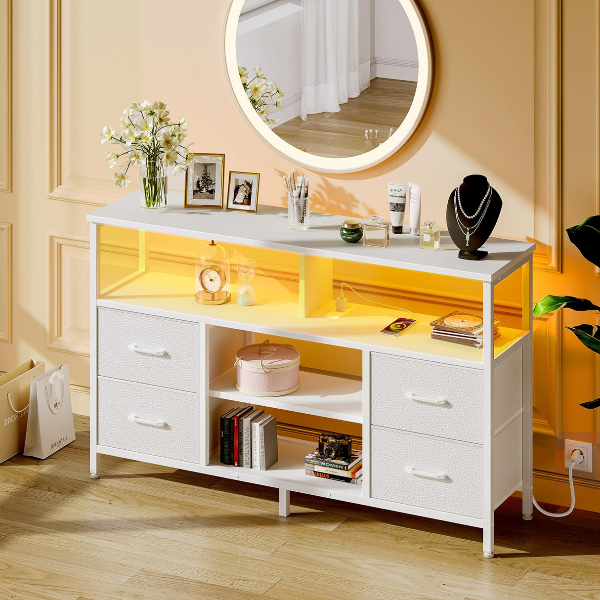 Rolanstar TV Stand with Power Outlets and LED Light, 4 Fabric Drawers Entertainment Center for 32/45/55/65 inch TVs, Media Console with Storage for Living Room or Bedroom, White Rolanstar