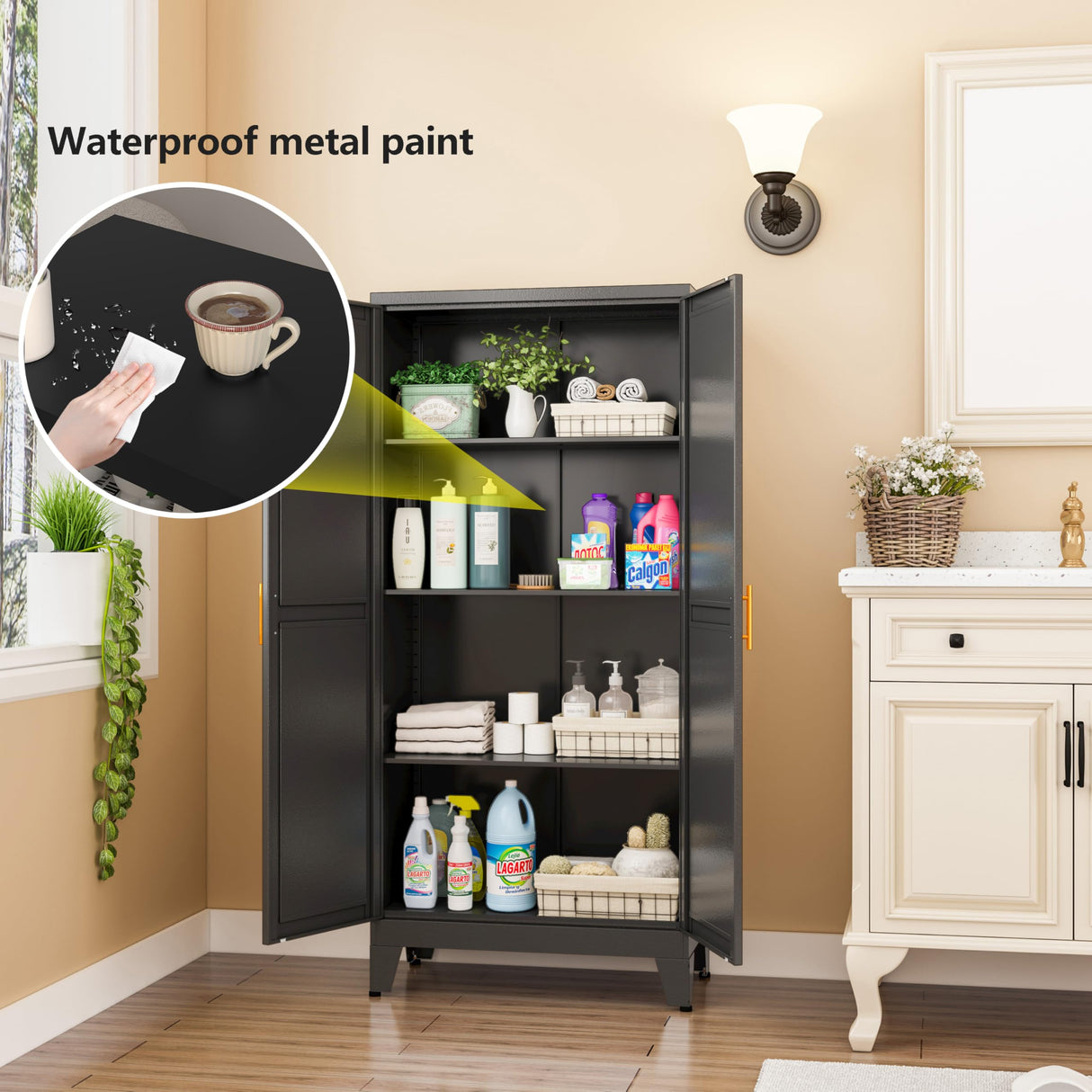 RISTERN Black Metal Storage Cabinet, 48" Steel File Cabinet for Home Office, Kitchen Pantry Storage Cabinet with Doors and 3 Adjustable Shelves, Tool Cabinet, for Office, Home, Garage, School RISTERN