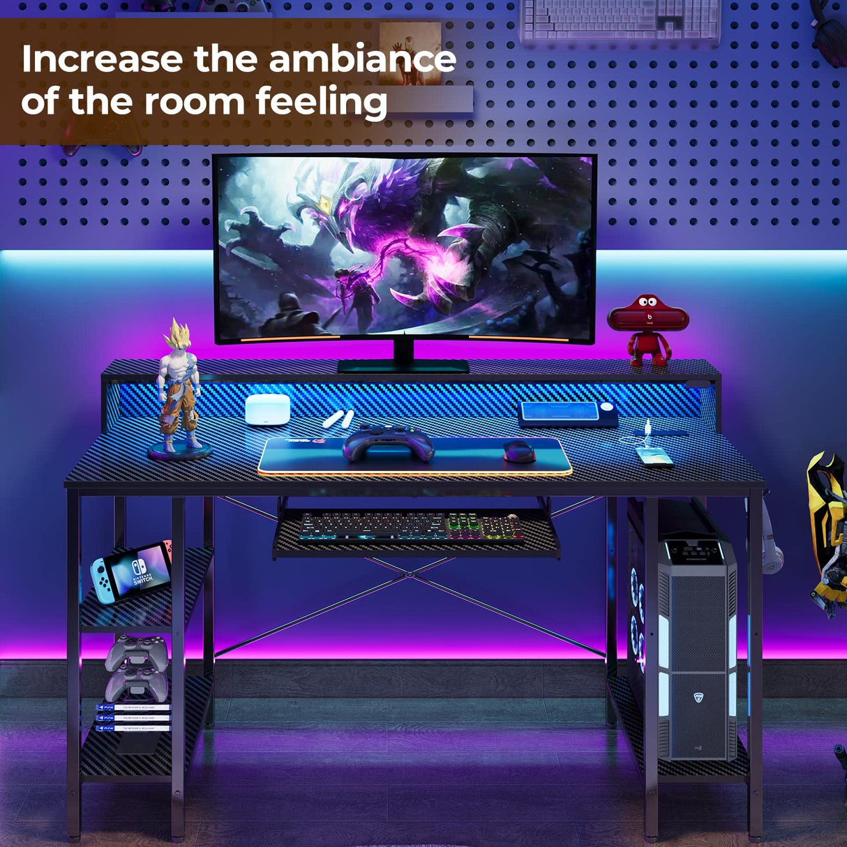 Rolanstar Computer Desk with LED Lights & Power Outlets, 54” Gaming Desk with Storage Shelves, Home Office Desk with Keyboard Tray & Monitor Stand, with Hooks, Carbon Fiber Surface Black Rolanstar