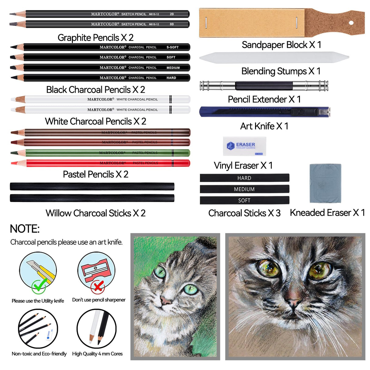 MARTCOLOR Charcoal Drawing Set, Set of 23, Graphite Pencils, Black & White Charcoal Pencils for Drawing, Sketching, Shading, Blending, Artist Pencils for Beginners & Pro Artists MARTCOLOR