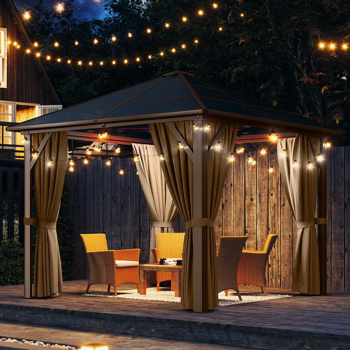 Aoxun 10' x 10' Gazebo Single Polycarbonate Top, Outdoor Polycarbonate Frame Permanent Pergolas with Curtains and Netting, for Patios, Parties, Backyards, Gardens and Lawns Aoxun