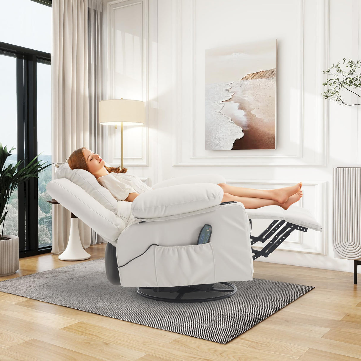 Swivel Rocker Recliner with Massage & Heat, Overstuffed Faux Leather Recliners Modern Chair for Living Room, Single Sofa Rocking Chairs for Adults, Manual Rocker Recliner with Cup Holders, White Comermax