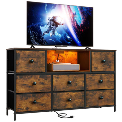 LYNCOHOME Dresser with Power Outlets and LED Lights, Dresser TV Stand with 8 Drawers, Fabric Chest of Drawers for Bedroom, Living Room, Entryway, Sepia Print