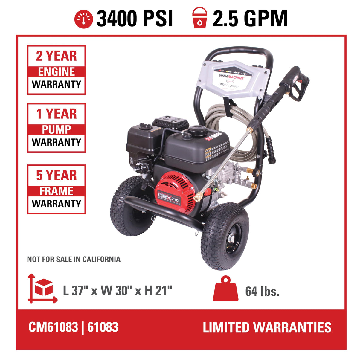 SIMPSON Cleaning CM61083 Clean Machine 3400 PSI Gas Pressure Washer, 2.5 GPM, CRX Engine, Includes Spray Gun and Wand, 4 QC Nozzle Tips, 5/16-in. x 25-ft. MorFlex Hose, 49-State SIMPSON
