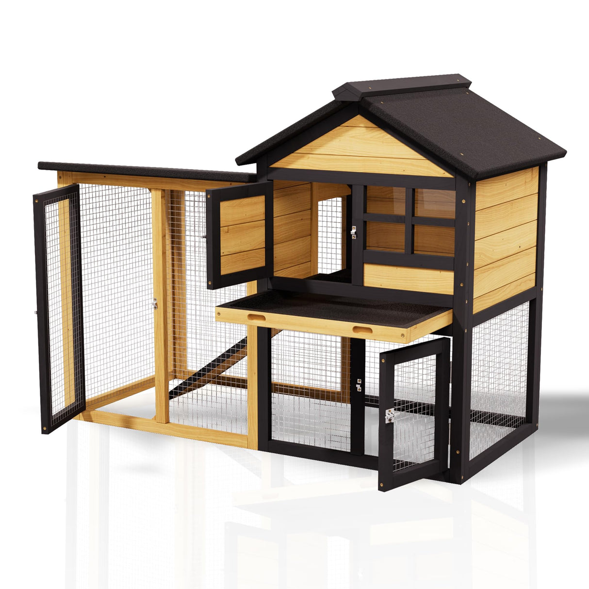 XiliqingEco Chicken Coops Outdoor Wooden Double-Decker Chickens with Deep Push-Pull Trays, Non-Slip Slopes, Waterproof Asphalt Roof Suitable for a Variety of Animals (Yellow Black) XiliqingEco
