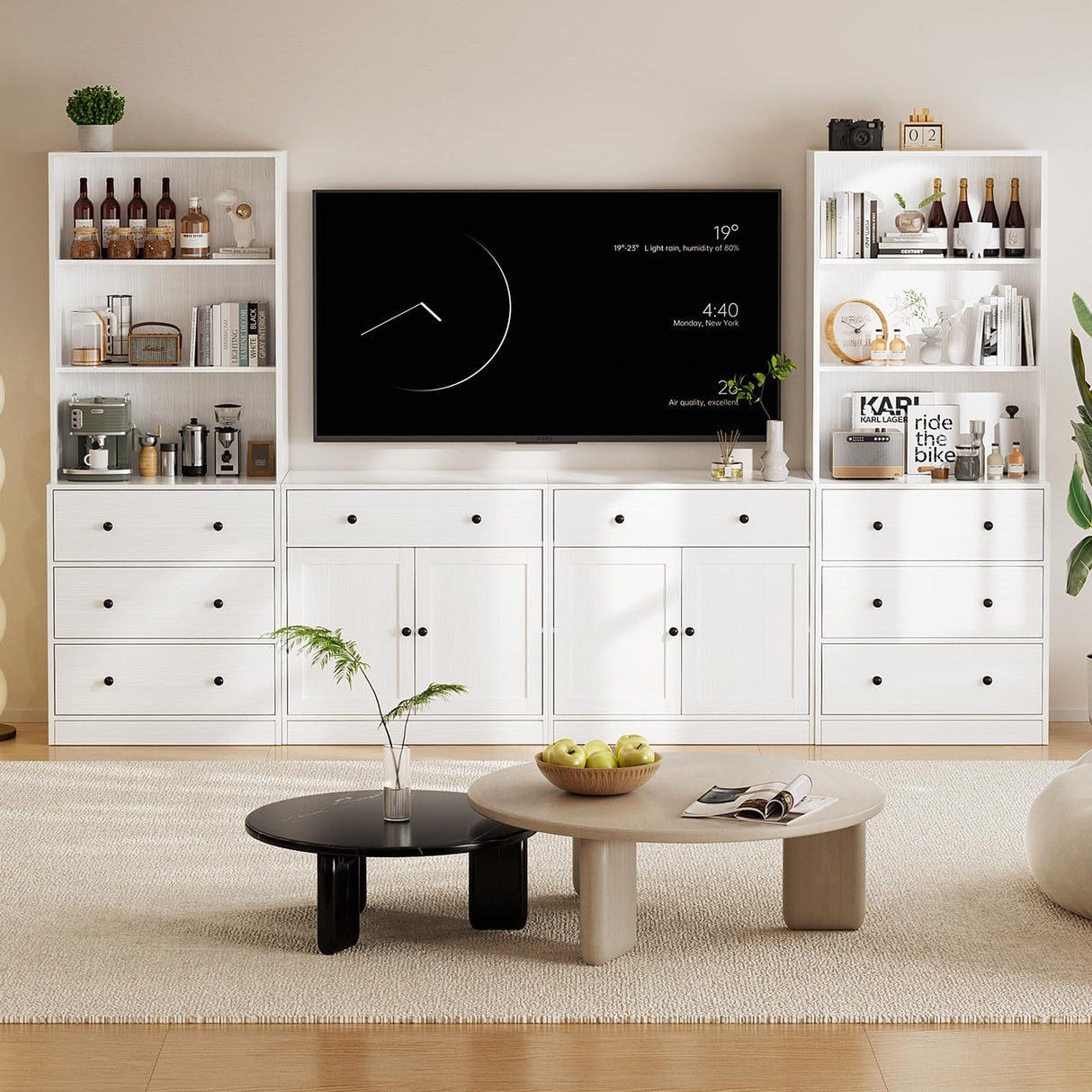 TUSY 4-Piece Large TV Stand with Bookshelves for TVs up to 75", TV Entertainment Center Media Center with Tempered Glass Doors and Shelves, TV Hutch for Living Room White (2A+2C) TUSY