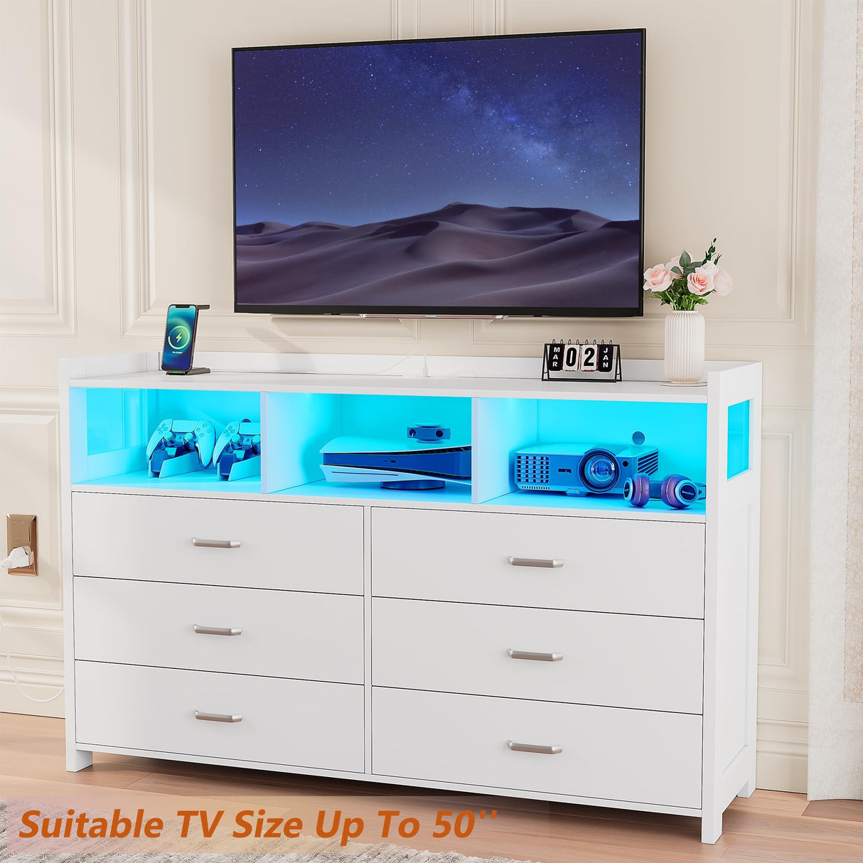 Alohappy 6 Drawer Dresser for Bedroom, LED Dresser Chest of Drawers with Power Outlets, Modern White Dresser for Bedroom, Living Room, Entryway, Hallway Alohappy