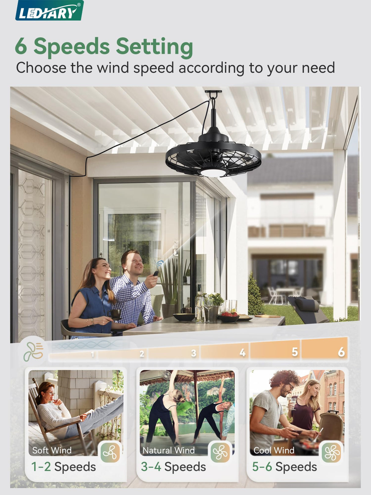 LEDIARY 20" Outdoor Ceiling Fan with Lights,IP65 Waterproof Gazebo Hanging Fan with Remote Control Smart App, Plug in Caged Ceiling Fan with 3CCT 6-Speeds for Patio Porch Pergola(Black) LEDIARY