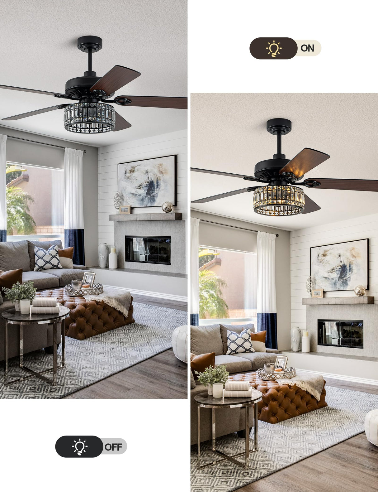 Curve Curio 52 Inch Black Chandelier Fan Crystal Farmhouse Ceiling Fan with Light Quiet and Reversible DC Motor for Living Room Bedroom Patio Curve Curio