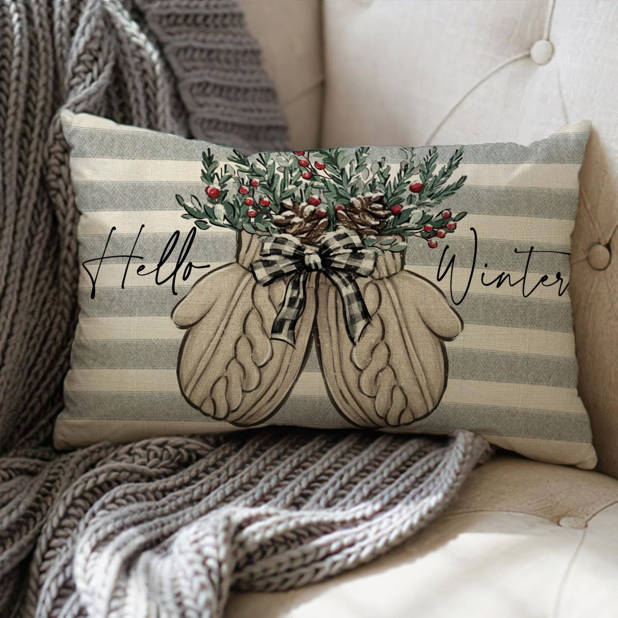 Fjfz Hello Winter Gloves Gray Lumbar Decorative Throw Pillow Cover 12 x 20, Rectangular Red Berry Gray Stripe Outdoor Home Decor, Plaid Bow Pine Cone Christmas Holiday Seasonal Farmhouse Cushion Case Fjfz