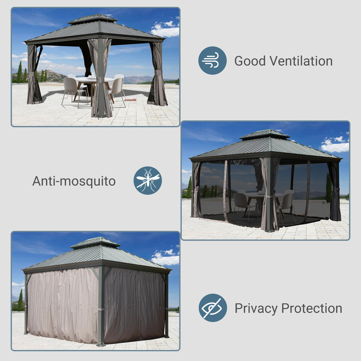 Domi 12' X 14' Hardtop Gazebo, Upgraded Metal Gazebo with Drainage System, Dual-Layer Galvanized Steel Roof, Curtain and Netting, Outdoor Shelter Canopy for Patio, Garden, and Backyard, Grey domi outdoor living