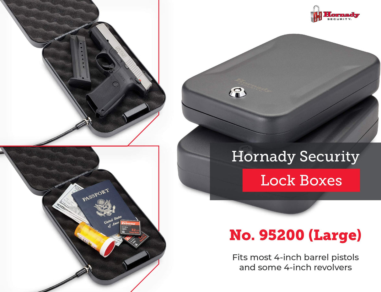 Hornady Portable Lock Box for Guns and Valuables - Includes 2 Keys and 4 Foot Steel Cable - Thick 16 Gauge Steel - An Ideal Portable Car Lock Box or Truck Safe - Large, Black, 9.5 x 6.5 x 1.75 Inches Hornady