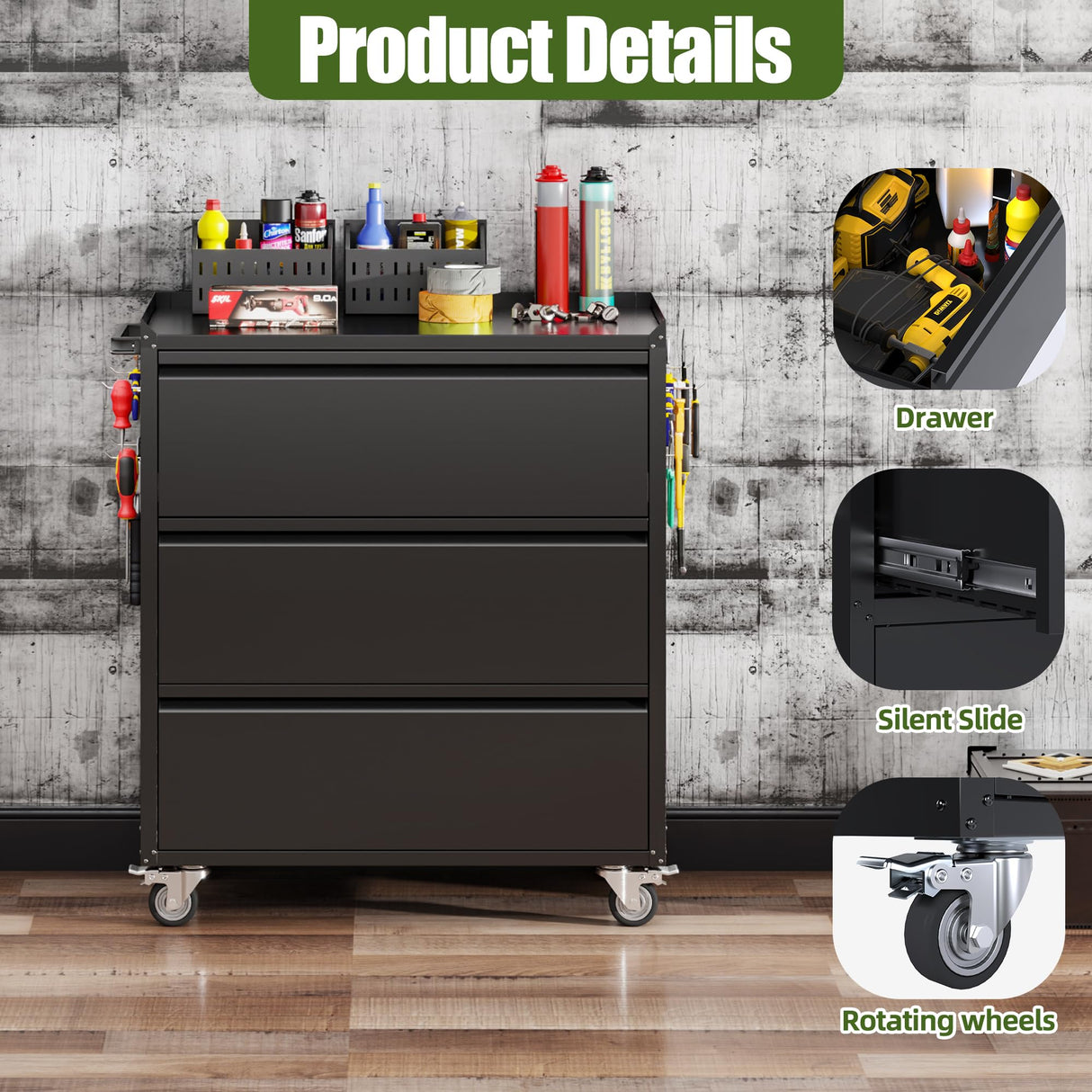 SUXXAN Metal Storage Cabinet with 3 Drawer and 4 Hooks,35.4" H Top Workbench Mobile Tool Chests Garage Cabinets with 4 Wheels,Tool Cabinets for Home,Office,Shop SUXXAN
