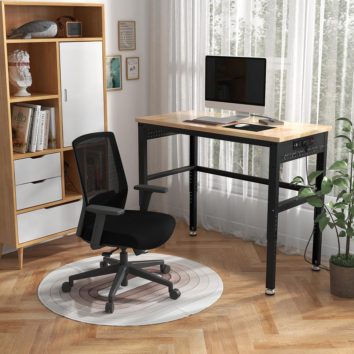 IRONMAX 48'' Adjustable Work Bench with Wheels, 1760 LBS Heavy Duty Oak Wood Table Top Workstation w/Power Strip & Foot Pad, 5 Different Height Hardwood Worktable for Workshop, Garage, Office, Home IRONMAX